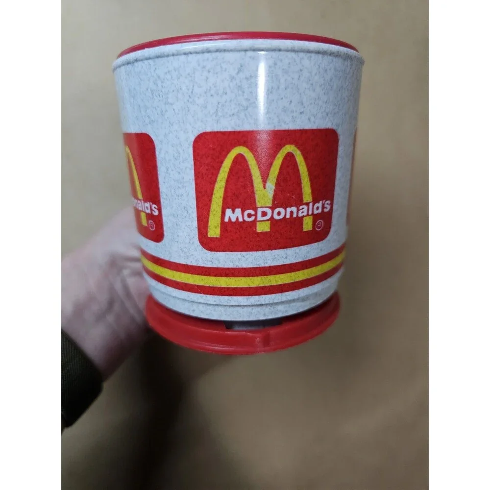 McDonald's Logo Advertising Mug Speckled White Gray w/ Red Handle & Base
